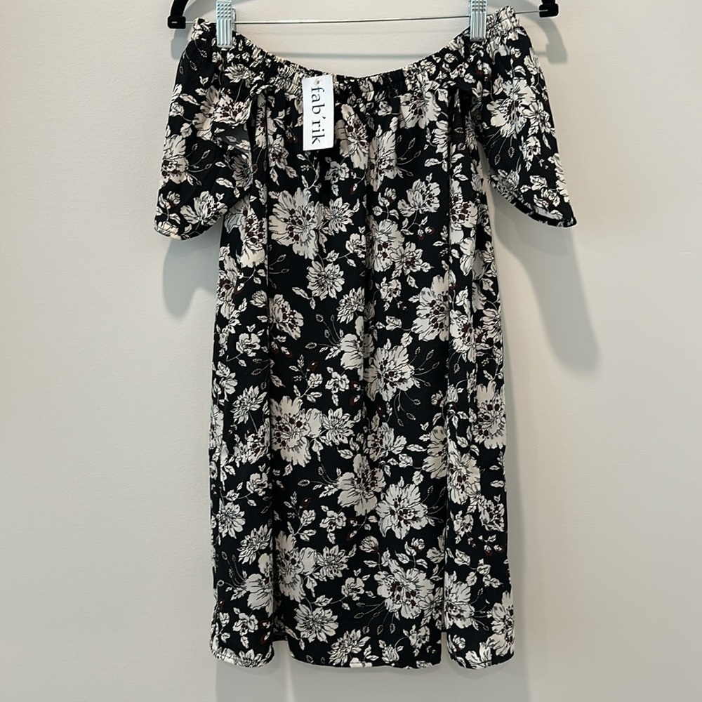 Fabrik Women’s Off The Shoulder Black Floral Mini Dress Flowery Babydoll Small - Picture 4 of 13